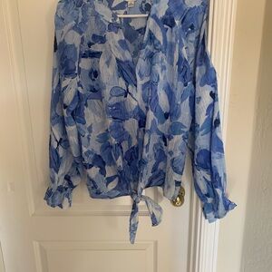 Counterparts Blue & White Floral Blouse Long Sleeve Smocked Cuffs Tie in Front